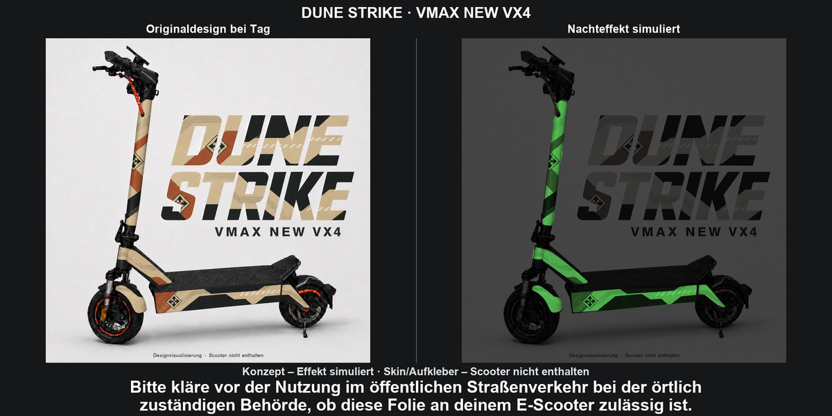 DUNE STRIKE · VMAX NEW VX4: Originaldesign bei Tag und grün simulierter Glow-Nachteffekt auf den Skinflächen. Skin/Aufkleber; Scooter nicht enthalten. Konzept, kein physischer Materialtest.