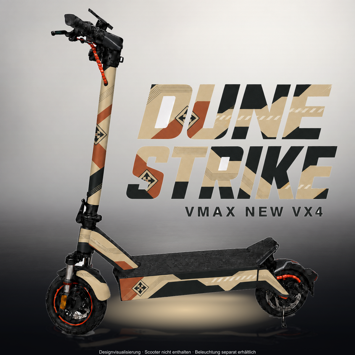VMAX NEW VX4 SKIN | DUNE STRIKE – Designvisualisierung im Studio-Look mit Licht in der Skinfarbe; Scooter nicht enthalten, Beleuchtung separat erhältlich