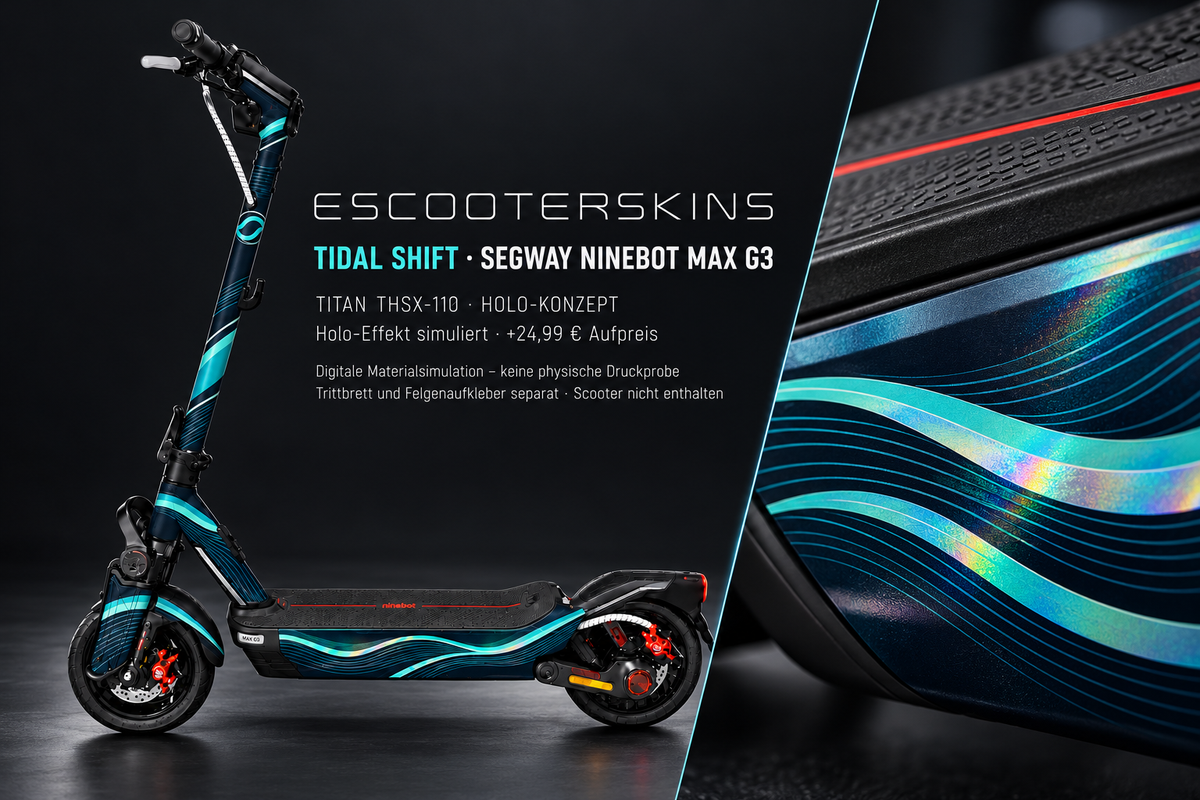 SEGWAY NINEBOT G3 / G3 D / G3 E SKIN | TIDAL SHIFT – Holo-Effekt simuliert; +24,99 EUR Aufpreis. Digitale Materialsimulation, keine physische Druckprobe. Nur Body-Skin; Trittbrett und Felgenaufkleber separat; Scooter nicht enthalten.