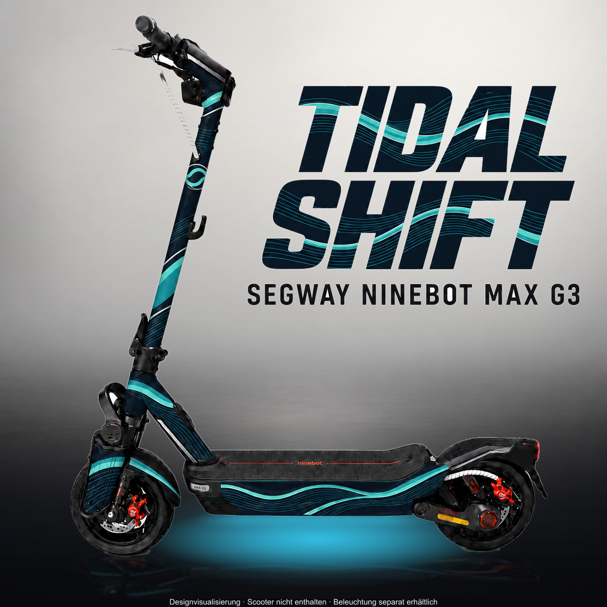 SEGWAY NINEBOT G3 / G3 D / G3 E SKIN | TIDAL SHIFT – Designvisualisierung im Studio-Look mit Licht in der Skinfarbe; Scooter nicht enthalten, Beleuchtung separat erhältlich