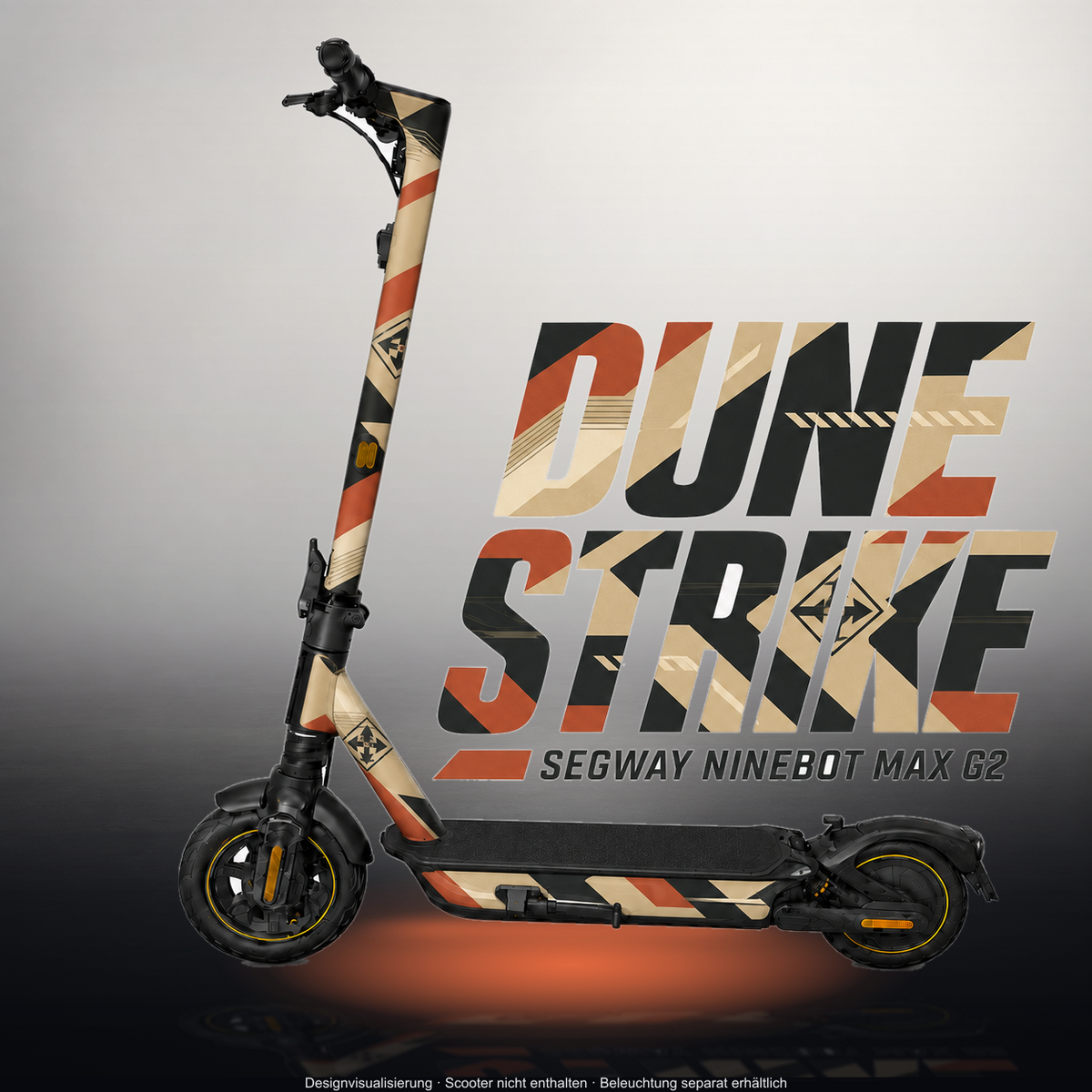 SEGWAY NINEBOT G2 MAX SKIN | DUNE STRIKE – Designvisualisierung im Studio-Look mit Licht in der Skinfarbe; Scooter nicht enthalten, Beleuchtung separat erhältlich