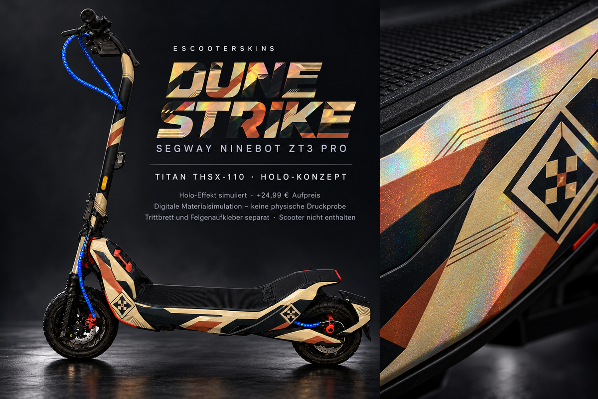 SEGWAY NINEBOT ZT3 PRO / ZT3 PRO D SKIN | DUNE STRIKE – Holo-Effekt simuliert; +24,99 EUR Aufpreis. Digitale Materialsimulation, keine physische Druckprobe. Nur Body-Skin; Trittbrett und Felgenaufkleber separat; Scooter nicht enthalten.