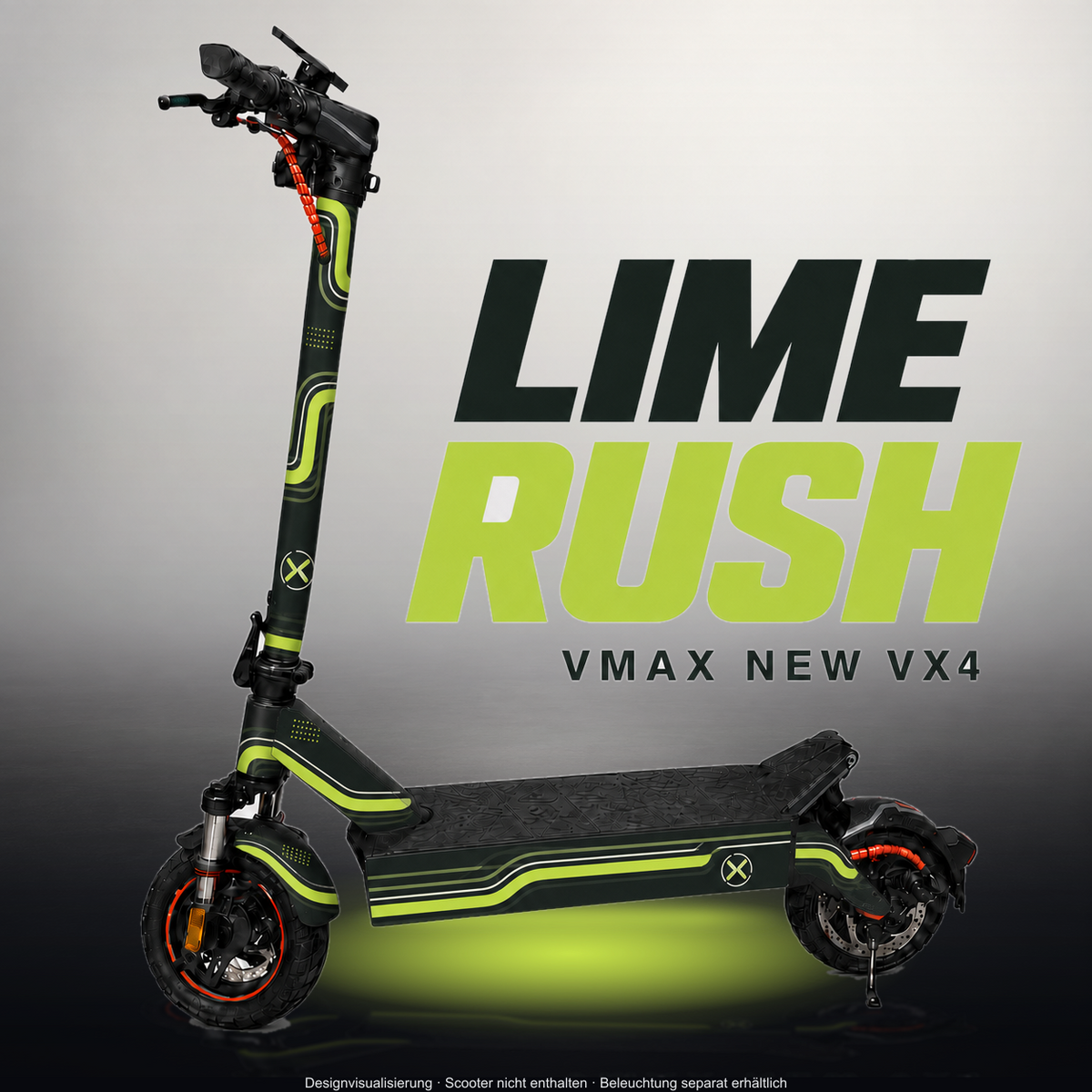 VMAX NEW VX4 SKIN | LIME RUSH – Designvisualisierung im Studio-Look mit Licht in der Skinfarbe; Scooter nicht enthalten, Beleuchtung separat erhältlich