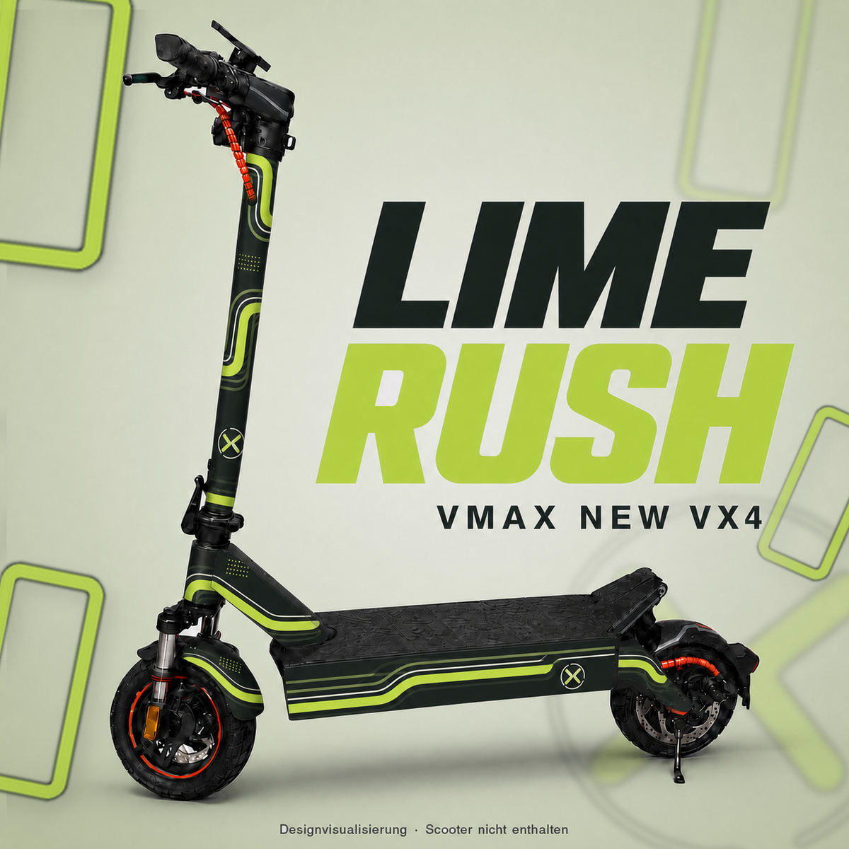LIME RUSH Skin für VMAX NEW VX4 in Limettengrün und dunklem Grünanthrazit mit abgerundeten Racing-Linien – digitale Designvisualisierung, Scooter nicht enthalten