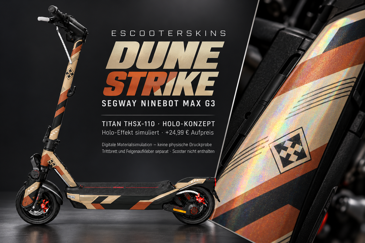 SEGWAY NINEBOT G3 / G3 D / G3 E SKIN | DUNE STRIKE – Holo-Effekt simuliert; +24,99 EUR Aufpreis. Digitale Materialsimulation, keine physische Druckprobe. Nur Body-Skin; Trittbrett und Felgenaufkleber separat; Scooter nicht enthalten.