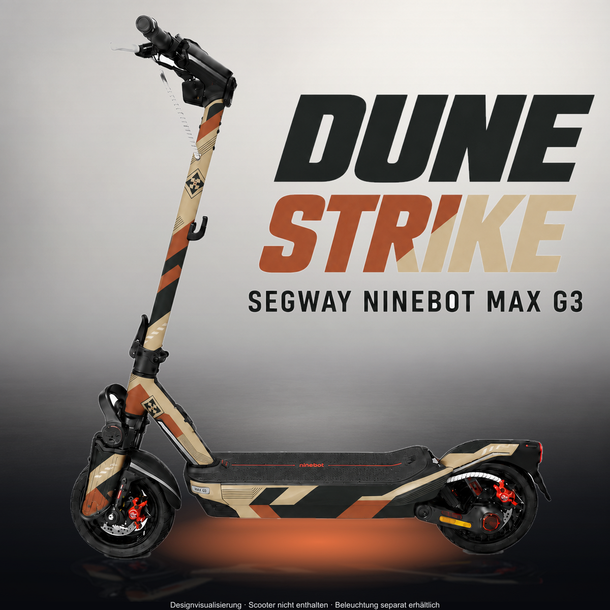 SEGWAY NINEBOT G3 / G3 D / G3 E SKIN | DUNE STRIKE – Designvisualisierung im Studio-Look mit Licht in der Skinfarbe; Scooter nicht enthalten, Beleuchtung separat erhältlich
