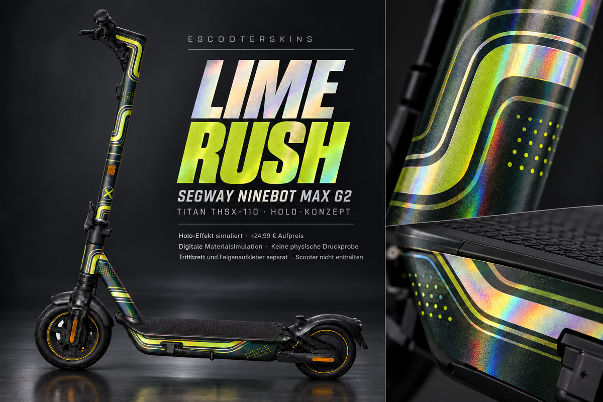 SEGWAY NINEBOT G2 MAX SKIN | LIME RUSH – Holo-Effekt simuliert; +24,99 EUR Aufpreis. Digitale Materialsimulation, keine physische Druckprobe. Nur Body-Skin; Trittbrett und Felgenaufkleber separat; Scooter nicht enthalten.