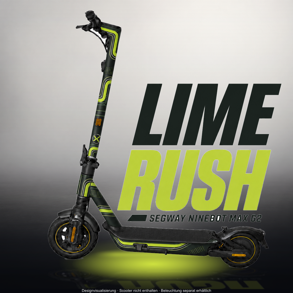 SEGWAY NINEBOT G2 MAX SKIN | LIME RUSH – Designvisualisierung im Studio-Look mit Licht in der Skinfarbe; Scooter nicht enthalten, Beleuchtung separat erhältlich