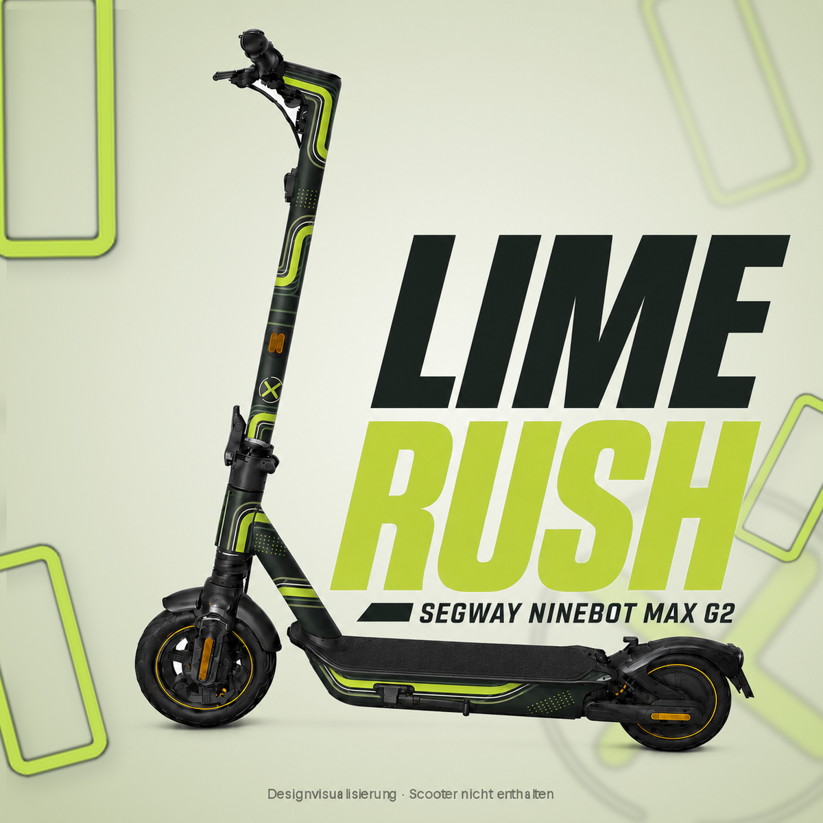 LIME RUSH Skin für Segway Ninebot MAX G2 in Limettengrün und Grünanthrazit mit abgerundeten Racing-Linien – digitale Designvisualisierung, Scooter nicht enthalten