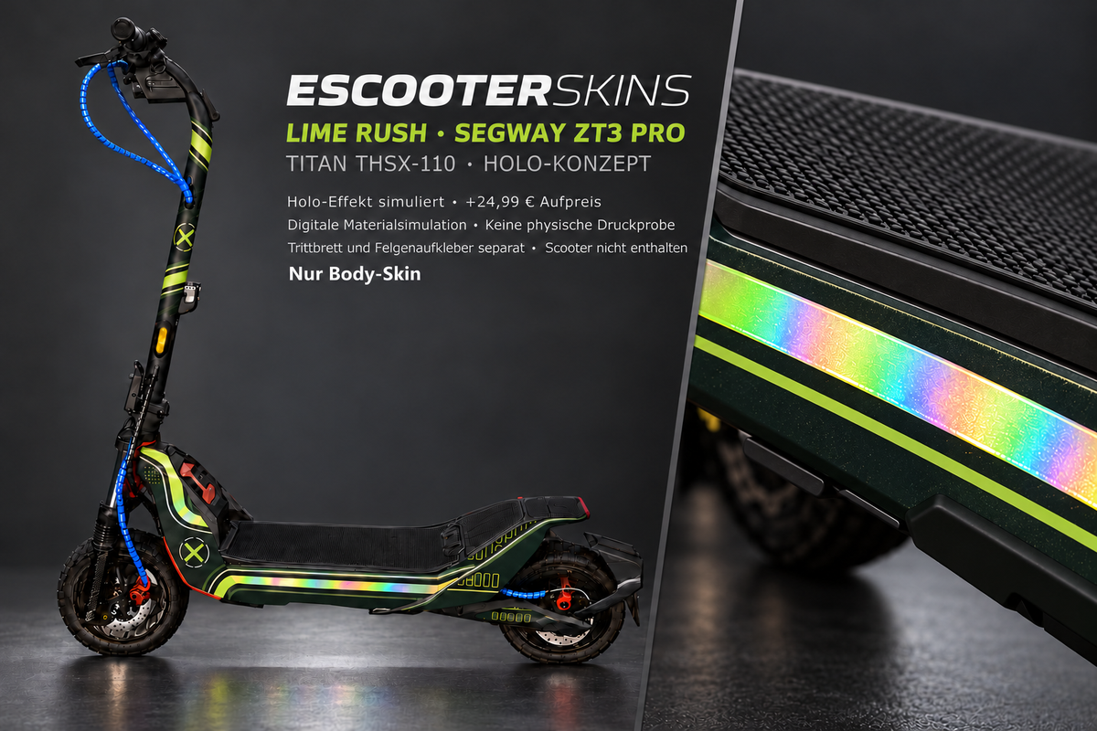 LIME RUSH – Holo-Effekt simuliert; +24,99 EUR Aufpreis. Digitale Materialsimulation, keine physische Druckprobe. Nur Body-Skin; Trittbrett und Felgenaufkleber separat; Scooter nicht enthalten.