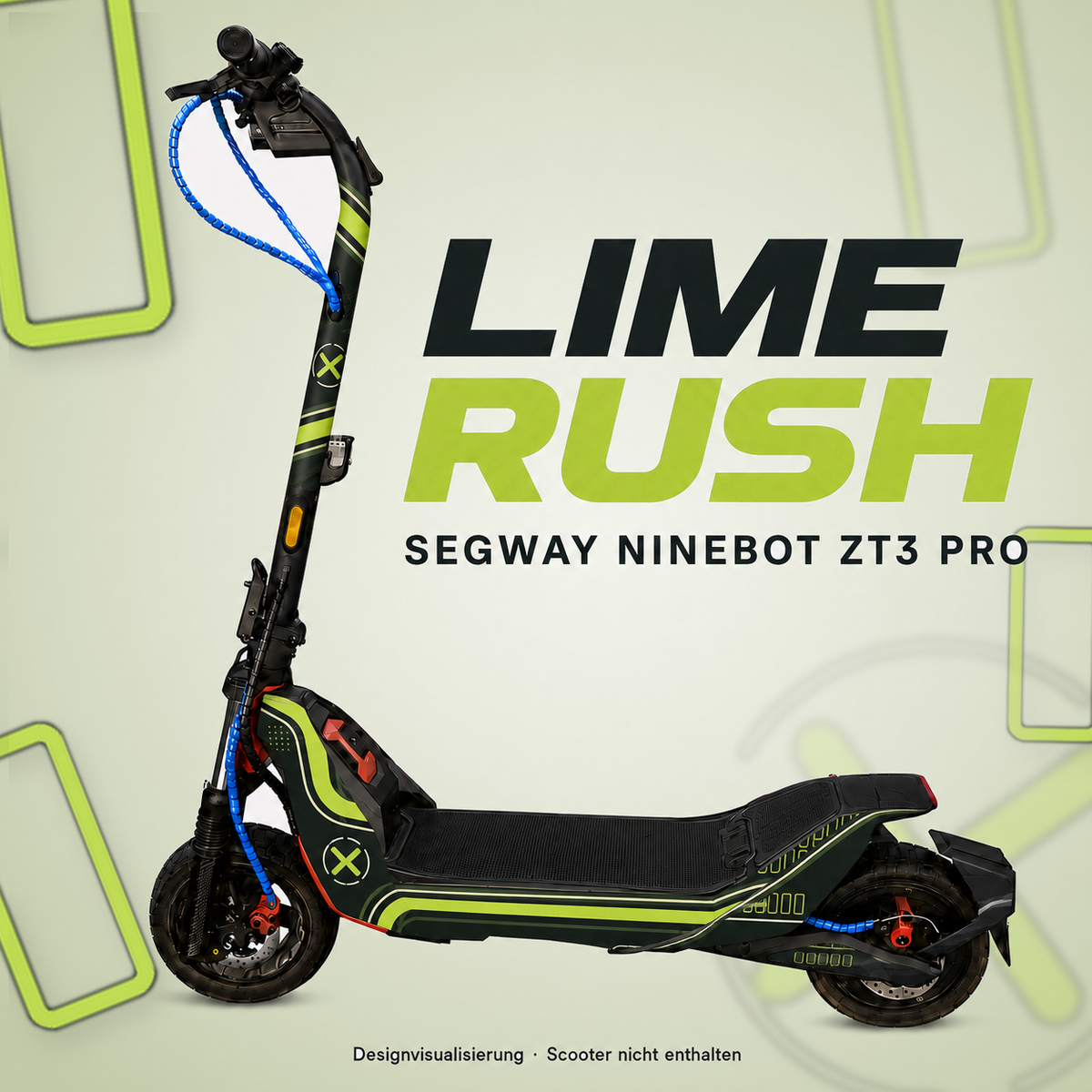 LIME RUSH Skin für Segway Ninebot ZT3 Pro in Limettengrün und Grünanthrazit mit abgerundeten Racing-Linien – digitale Designvisualisierung, Scooter nicht enthalten