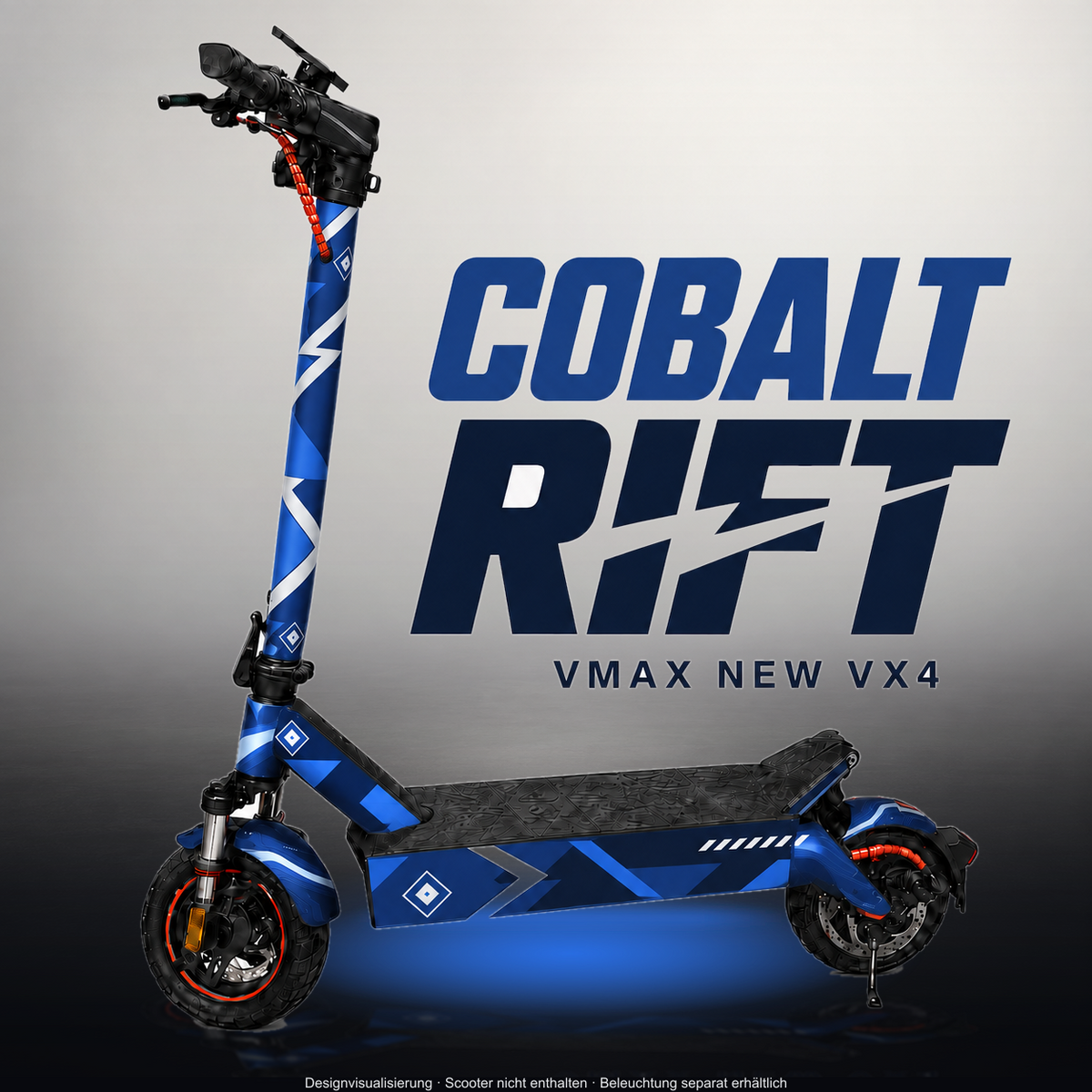 VMAX NEW VX4 SKIN | COBALT RIFT – Designvisualisierung im Studio-Look mit Licht in der Skinfarbe; Scooter nicht enthalten, Beleuchtung separat erhältlich
