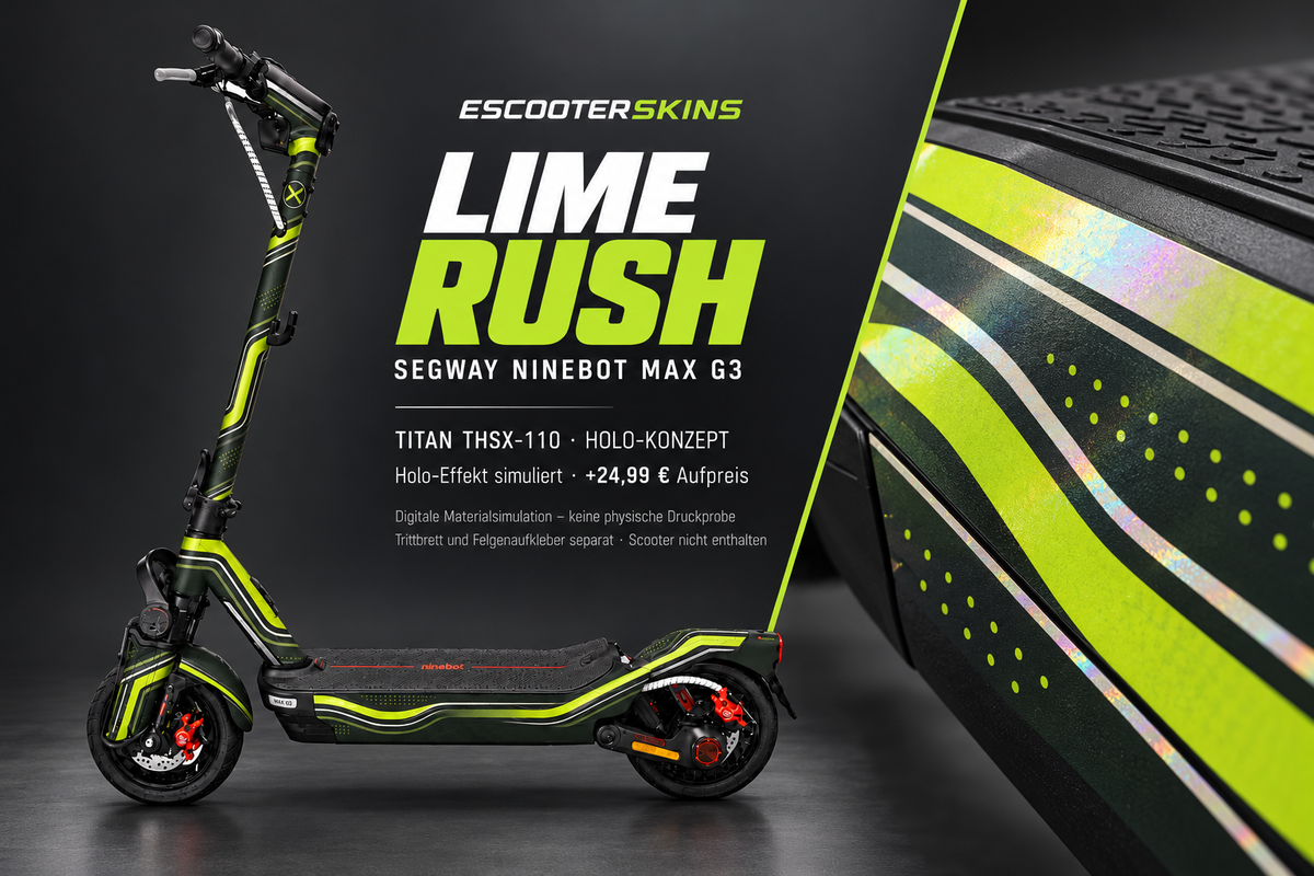 SEGWAY NINEBOT G3 / G3 D / G3 E SKIN | LIME RUSH – Holo-Effekt simuliert; +24,99 EUR Aufpreis. Digitale Materialsimulation, keine physische Druckprobe. Nur Body-Skin; Trittbrett und Felgenaufkleber separat; Scooter nicht enthalten.