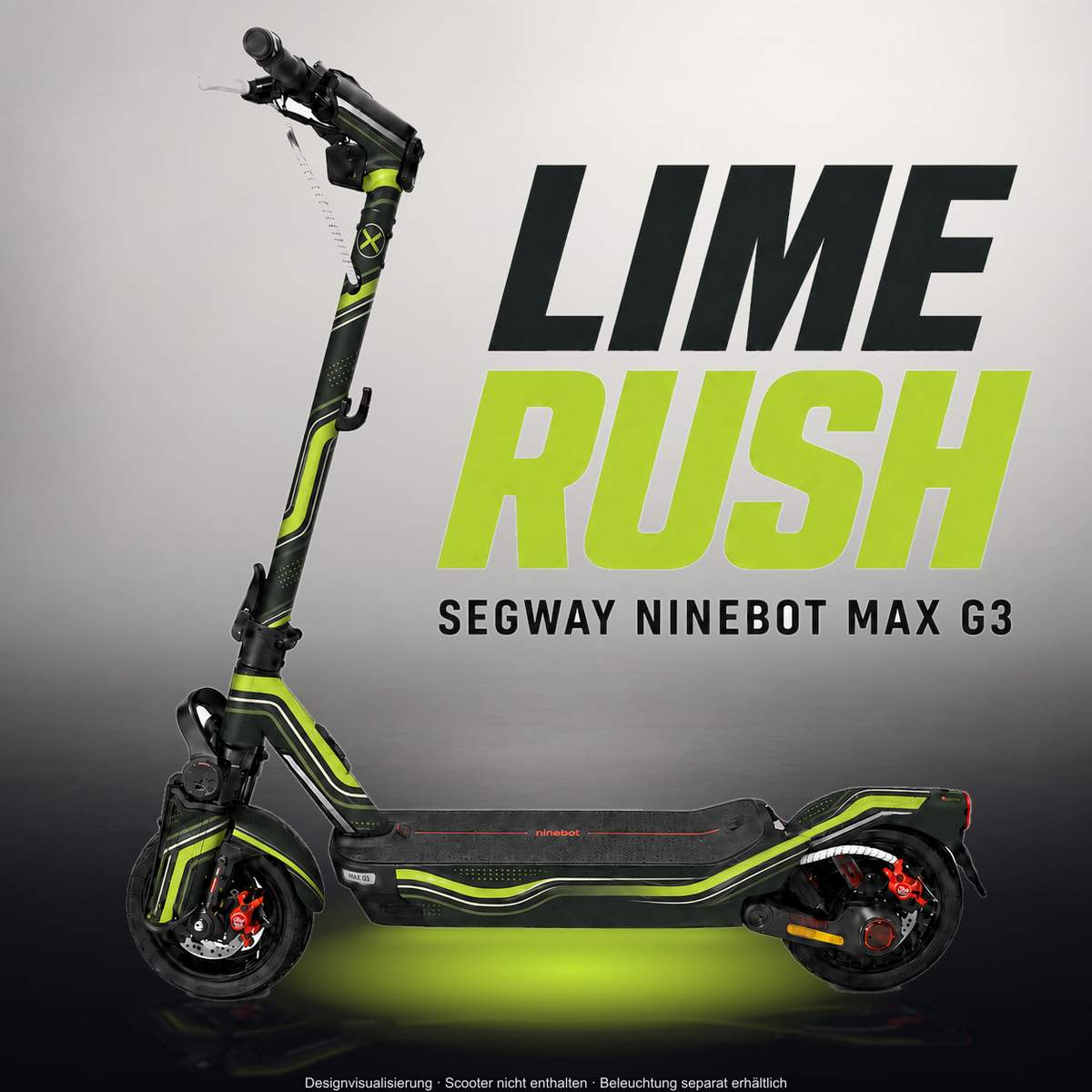 SEGWAY NINEBOT G3 / G3 D / G3 E SKIN | LIME RUSH – Designvisualisierung im Studio-Look mit Licht in der Skinfarbe; Scooter nicht enthalten, Beleuchtung separat erhältlich