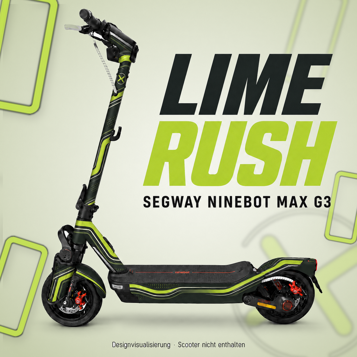 LIME RUSH Skin für Segway Ninebot MAX G3 in Limettengrün und Grünanthrazit mit abgerundeten Racing-Linien – digitale Designvisualisierung, Scooter nicht enthalten