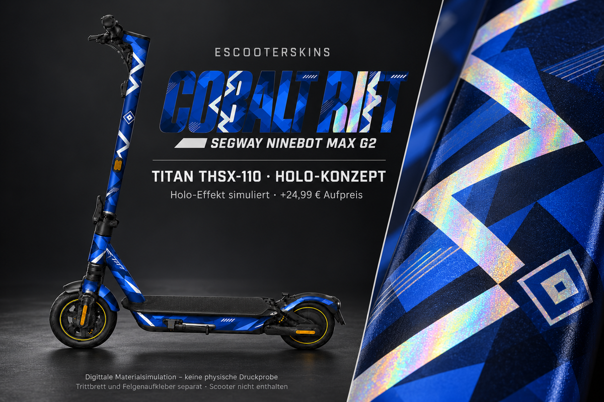 SEGWAY NINEBOT G2 MAX SKIN | COBALT RIFT – Holo-Effekt simuliert; +24,99 EUR Aufpreis. Digitale Materialsimulation, keine physische Druckprobe. Nur Body-Skin; Trittbrett und Felgenaufkleber separat; Scooter nicht enthalten.