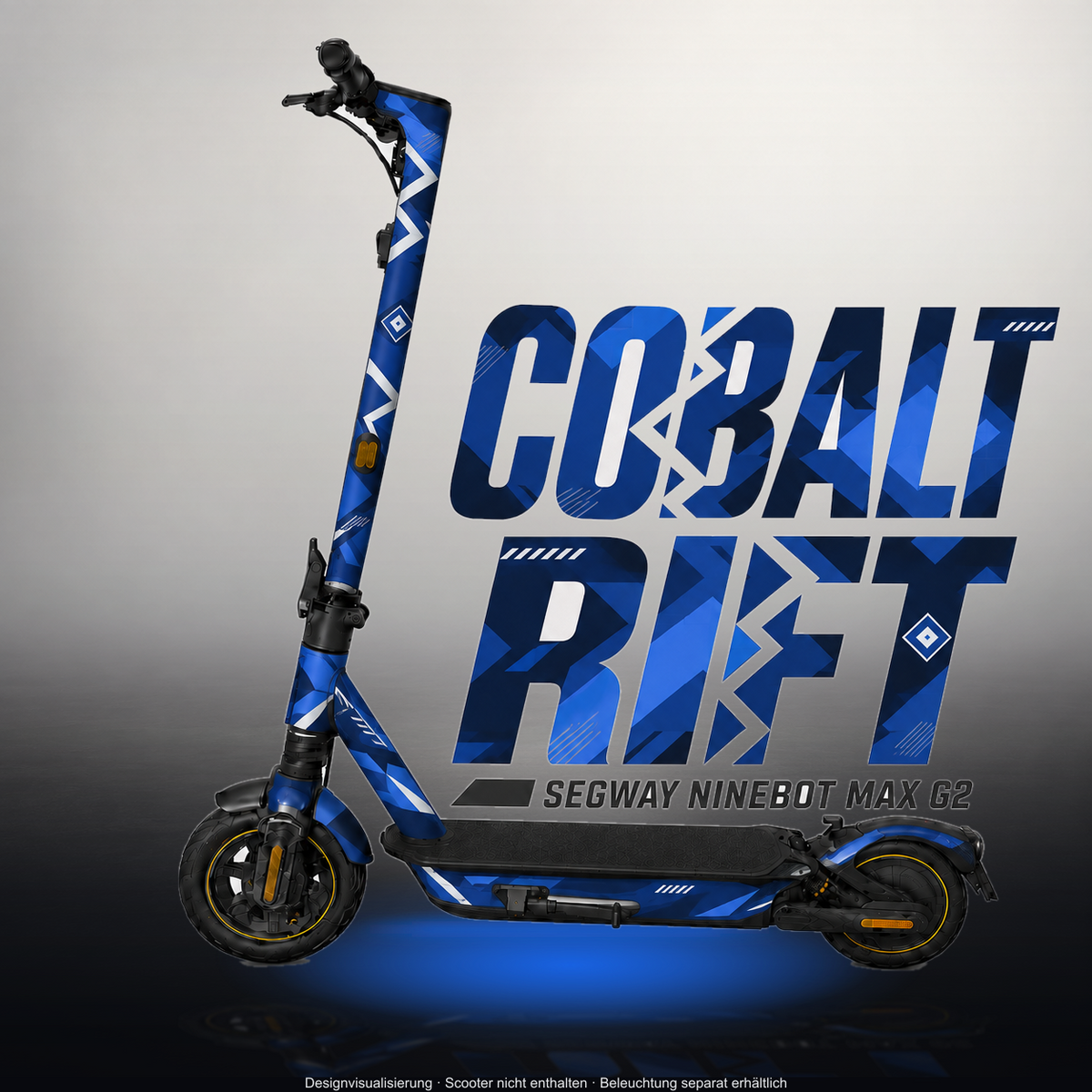 SEGWAY NINEBOT G2 MAX SKIN | COBALT RIFT – Designvisualisierung im Studio-Look mit Licht in der Skinfarbe; Scooter nicht enthalten, Beleuchtung separat erhältlich