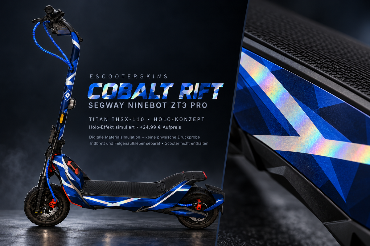 SEGWAY NINEBOT ZT3 PRO / ZT3 PRO D SKIN | COBALT RIFT – Holo-Effekt simuliert; +24,99 EUR Aufpreis. Digitale Materialsimulation, keine physische Druckprobe. Nur Body-Skin; Trittbrett und Felgenaufkleber separat; Scooter nicht enthalten.