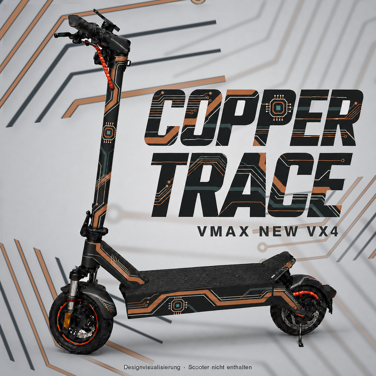 COPPER TRACE Skin für VMAX NEW VX4: kupferfarbene Leiterbahnen auf Anthrazit – digitale Designvisualisierung, Scooter nicht enthalten