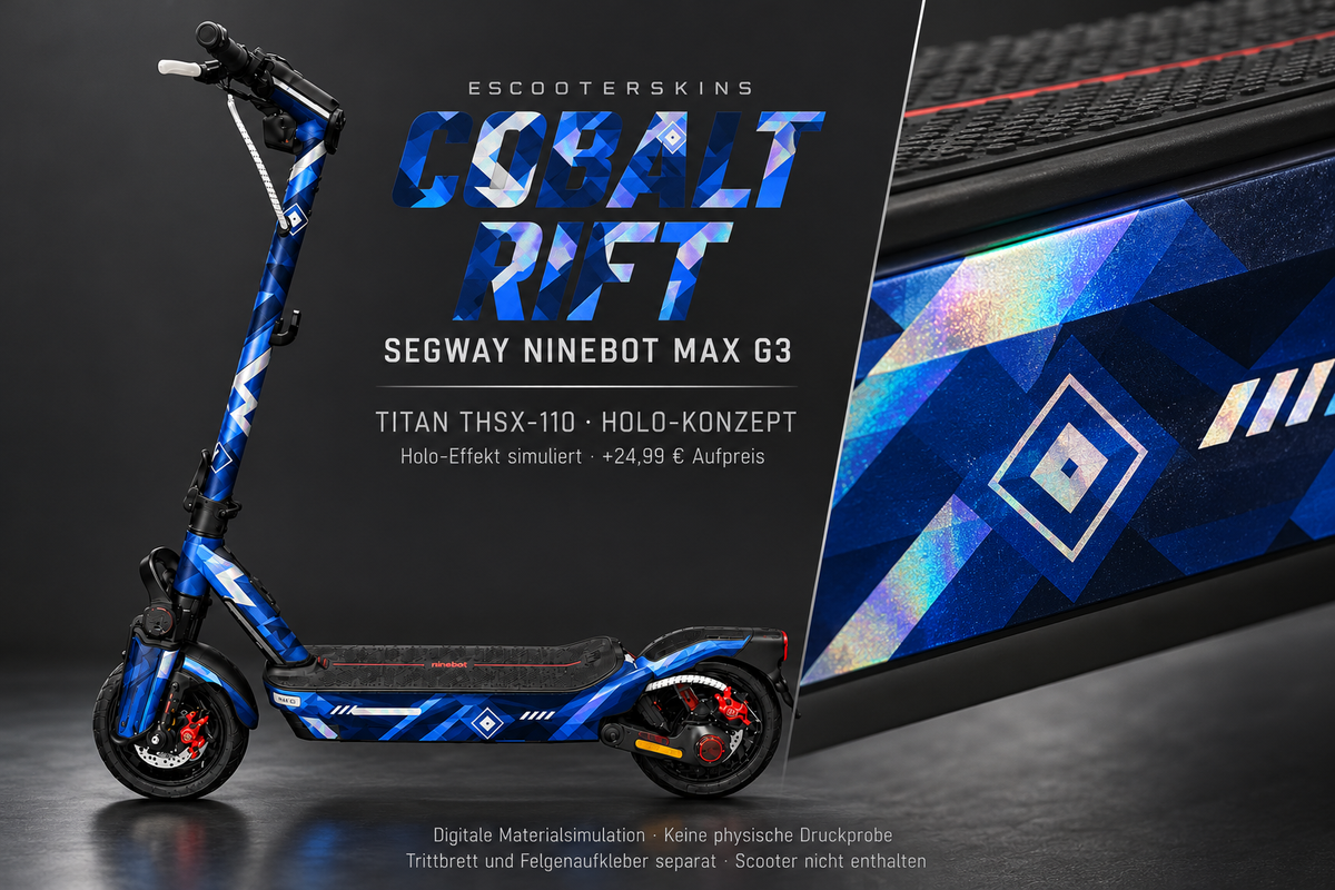 SEGWAY NINEBOT G3 / G3 D / G3 E SKIN | COBALT RIFT – Holo-Effekt simuliert; +24,99 EUR Aufpreis. Digitale Materialsimulation, keine physische Druckprobe. Nur Body-Skin; Trittbrett und Felgenaufkleber separat; Scooter nicht enthalten.