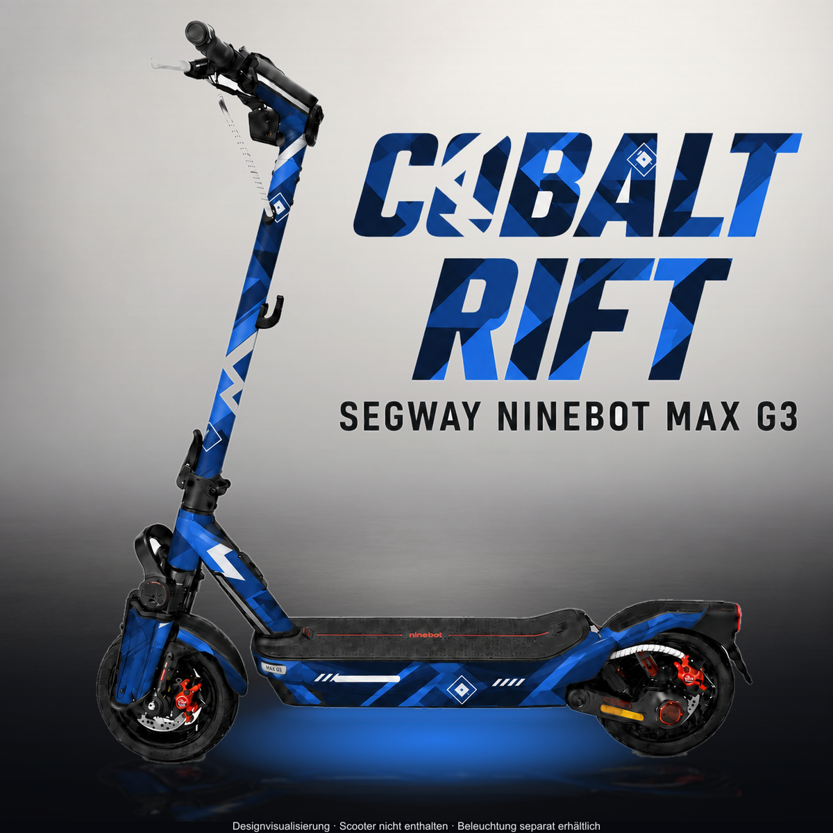 SEGWAY NINEBOT G3 / G3 D / G3 E SKIN | COBALT RIFT – Designvisualisierung im Studio-Look mit Licht in der Skinfarbe; Scooter nicht enthalten, Beleuchtung separat erhältlich