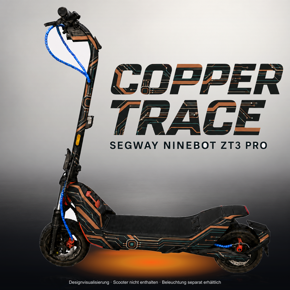 SEGWAY NINEBOT ZT3 PRO / ZT3 PRO D SKIN | COPPER TRACE – Studiofoto mit Licht in der Skinfarbe; Scooter und Beleuchtung separat erhältlich