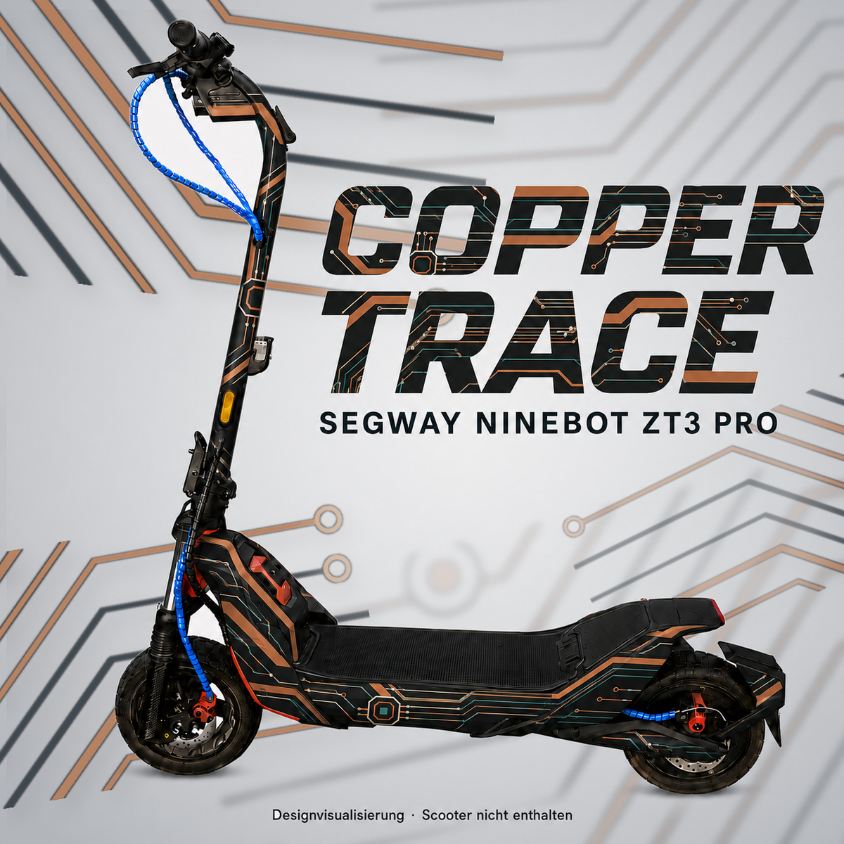 COPPER TRACE Skin für Segway Ninebot ZT3 Pro: kupferfarbene Leiterbahnen auf Anthrazit – digitale Designvisualisierung, Scooter nicht enthalten