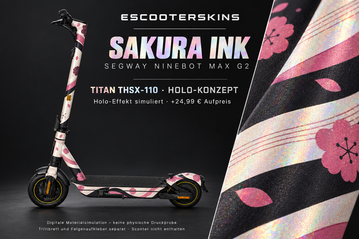 SEGWAY NINEBOT G2 MAX SKIN | SAKURA INK – Holo-Effekt simuliert; +24,99 EUR Aufpreis. Digitale Materialsimulation, keine physische Druckprobe. Nur Body-Skin; Trittbrett und Felgenaufkleber separat; Scooter nicht enthalten.