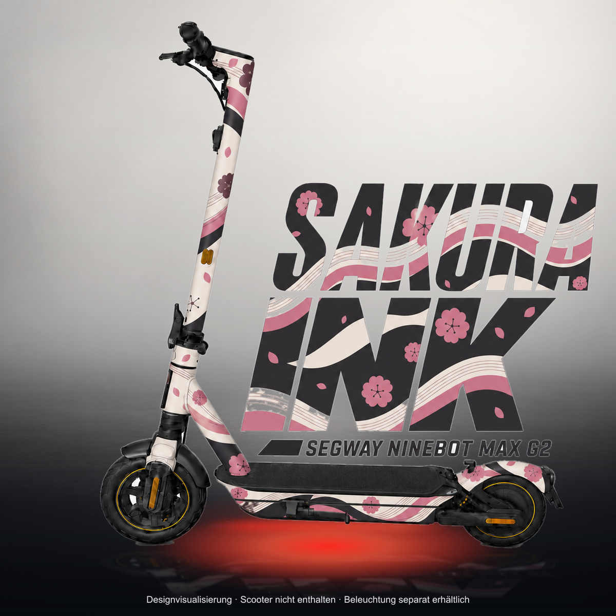 SEGWAY NINEBOT G2 MAX SKIN | SAKURA INK – Studiofoto mit Licht in der Skinfarbe; Scooter und Beleuchtung separat erhältlich