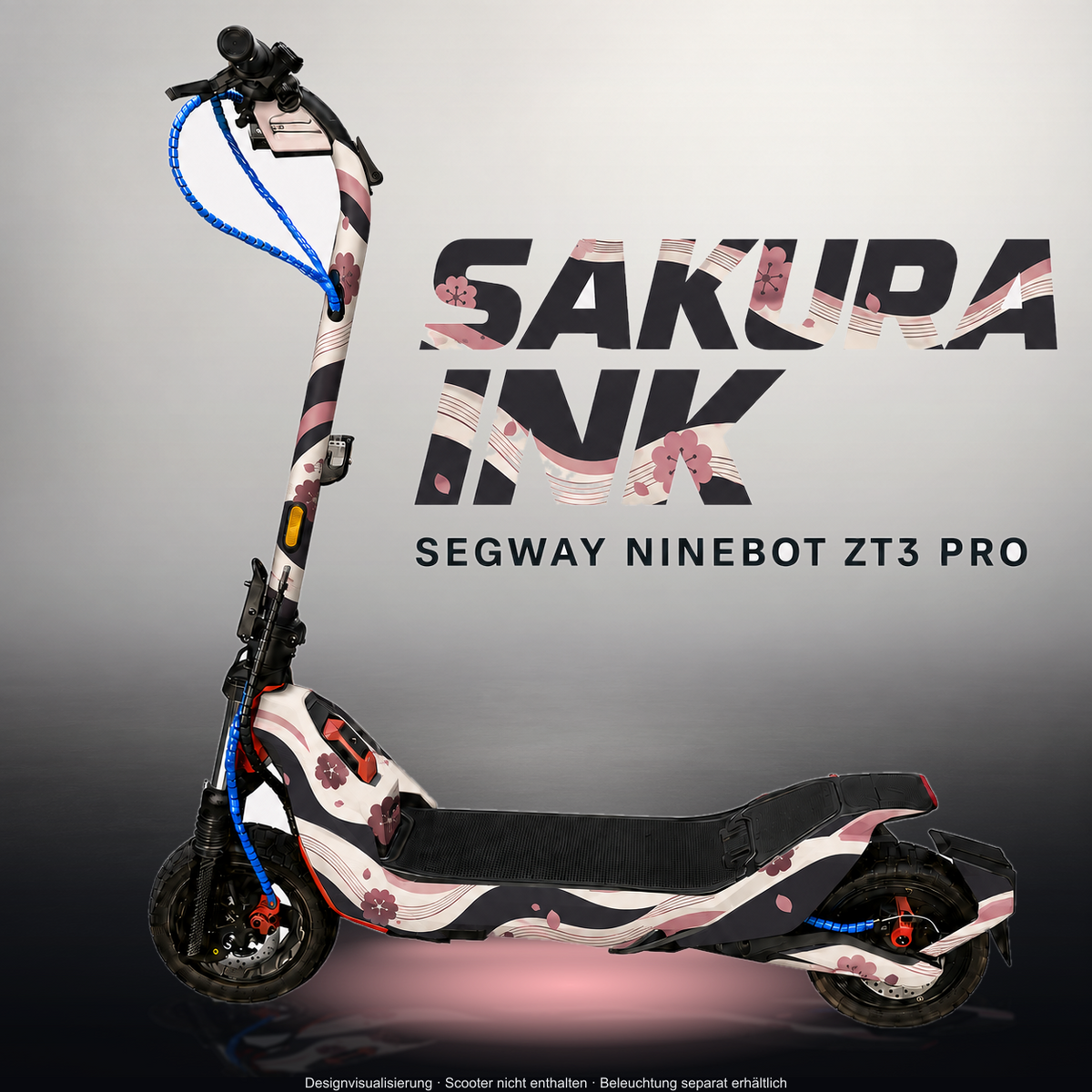 SEGWAY NINEBOT ZT3 PRO / ZT3 PRO D SKIN | SAKURA INK – Studiofoto mit Licht in der Skinfarbe; Scooter und Beleuchtung separat erhältlich