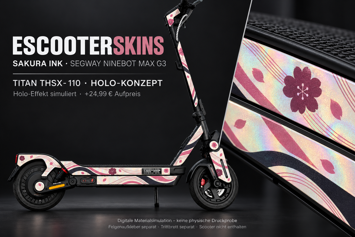 SEGWAY NINEBOT G3 / G3 D / G3 E SKIN | SAKURA INK – Holo-Effekt simuliert; +24,99 EUR Aufpreis. Digitale Materialsimulation, keine physische Druckprobe. Nur Body-Skin; Trittbrett und Felgenaufkleber separat; Scooter nicht enthalten.