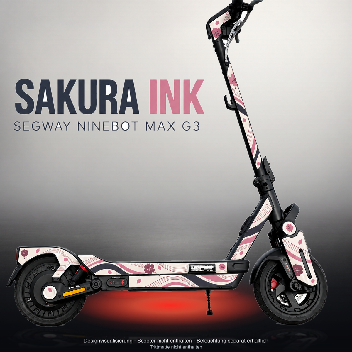SEGWAY NINEBOT G3 / G3 D / G3 E SKIN | SAKURA INK – Studiofoto mit Licht in der Skinfarbe; Scooter und Beleuchtung separat erhältlich