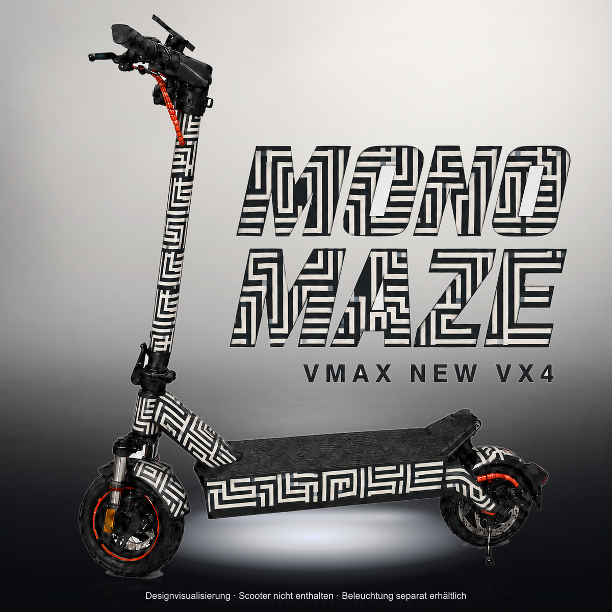 VMAX NEW VX4 SKIN | MONO MAZE – Studiofoto mit Licht in der Skinfarbe; Scooter und Beleuchtung separat erhältlich
