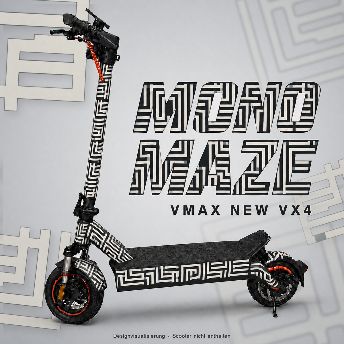 MONO MAZE Skin für VMAX NEW VX4: elfenbeinfarbene Labyrinthlinien auf Anthrazit – digitale Designvisualisierung, Scooter nicht enthalten