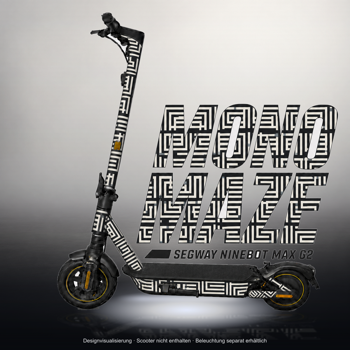 SEGWAY NINEBOT G2 MAX SKIN | MONO MAZE – Studiofoto mit Licht in der Skinfarbe; Scooter und Beleuchtung separat erhältlich