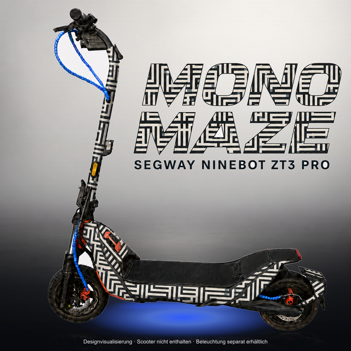 SEGWAY NINEBOT ZT3 PRO / ZT3 PRO D SKIN | MONO MAZE – Studiofoto mit Licht in der Skinfarbe; Scooter und Beleuchtung separat erhältlich