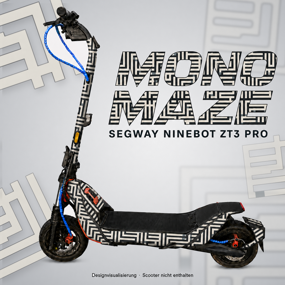 MONO MAZE Skin für Segway Ninebot ZT3 Pro: elfenbeinfarbene Labyrinthlinien auf Anthrazit – digitale Designvisualisierung, Scooter nicht enthalten