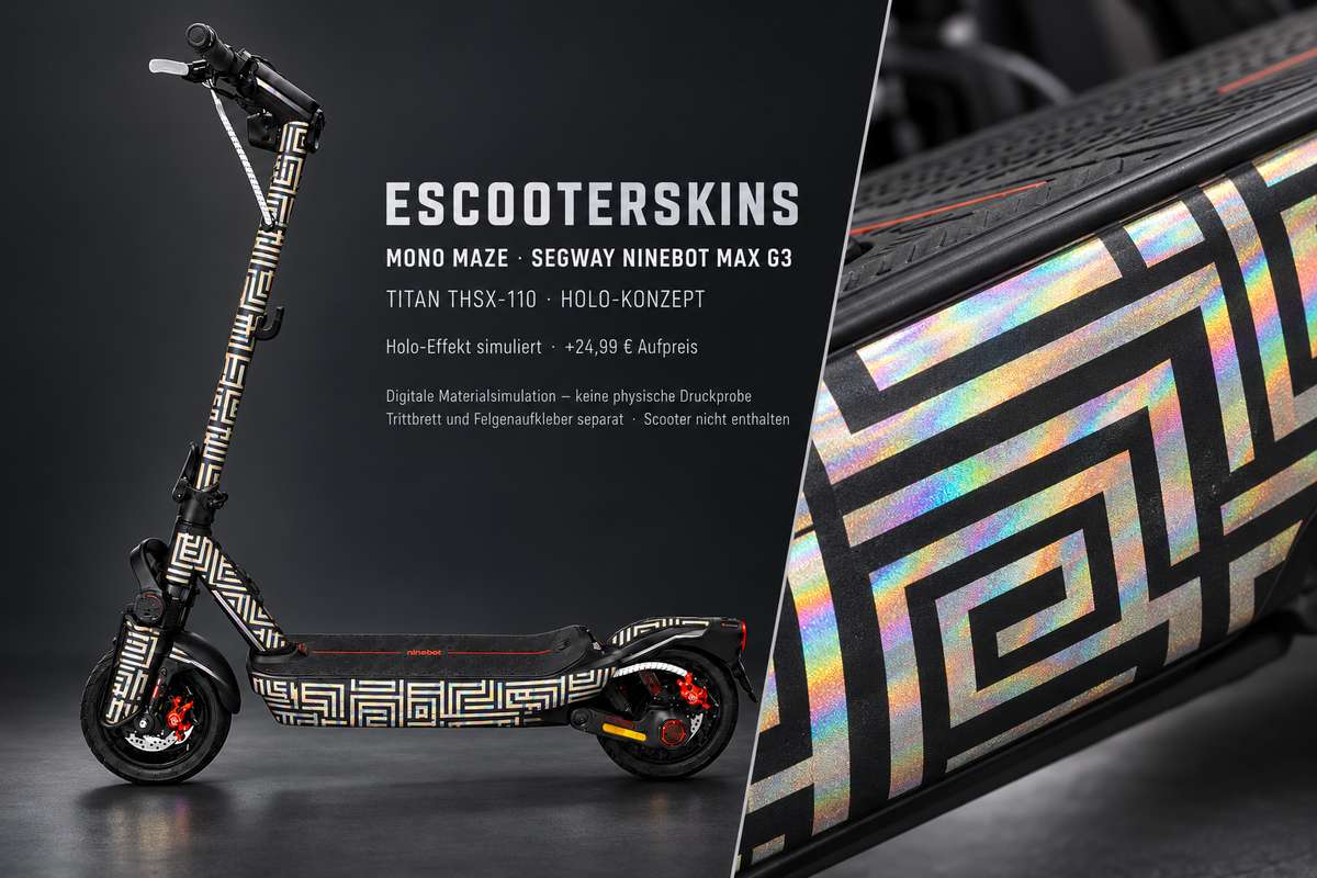 SEGWAY NINEBOT G3 / G3 D / G3 E SKIN | MONO MAZE – Holo-Effekt simuliert; +24,99 EUR Aufpreis. Digitale Materialsimulation, keine physische Druckprobe. Nur Body-Skin; Trittbrett und Felgenaufkleber separat; Scooter nicht enthalten.