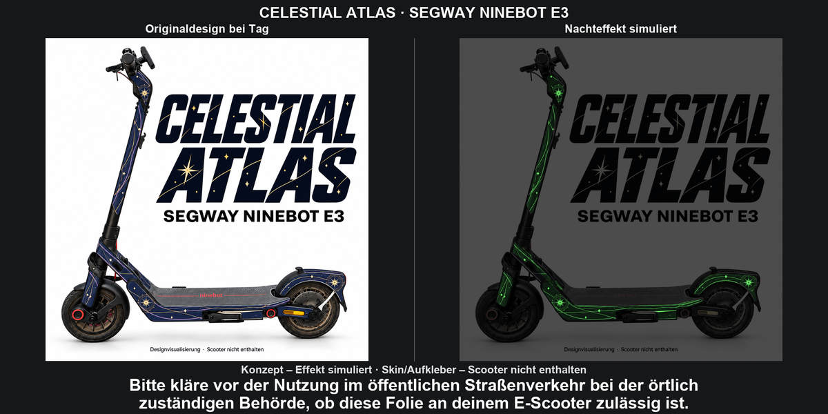 CELESTIAL ATLAS · SEGWAY NINEBOT E3: Originaldesign bei Tag und grün simulierter Glow-Nachteffekt auf den Skinflächen. Skin/Aufkleber; Scooter nicht enthalten. Konzept, kein physischer Materialtest.