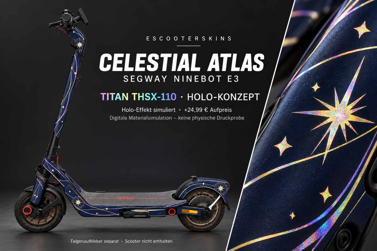 SEGWAY NINEBOT E3 / E3 PRO SKIN | CELESTIAL ATLAS – Holo-Effekt simuliert; +24,99 EUR Aufpreis. Digitale Materialsimulation, keine physische Druckprobe. Nur Body-Skin; Trittbrett und Felgenaufkleber separat; Scooter nicht enthalten.