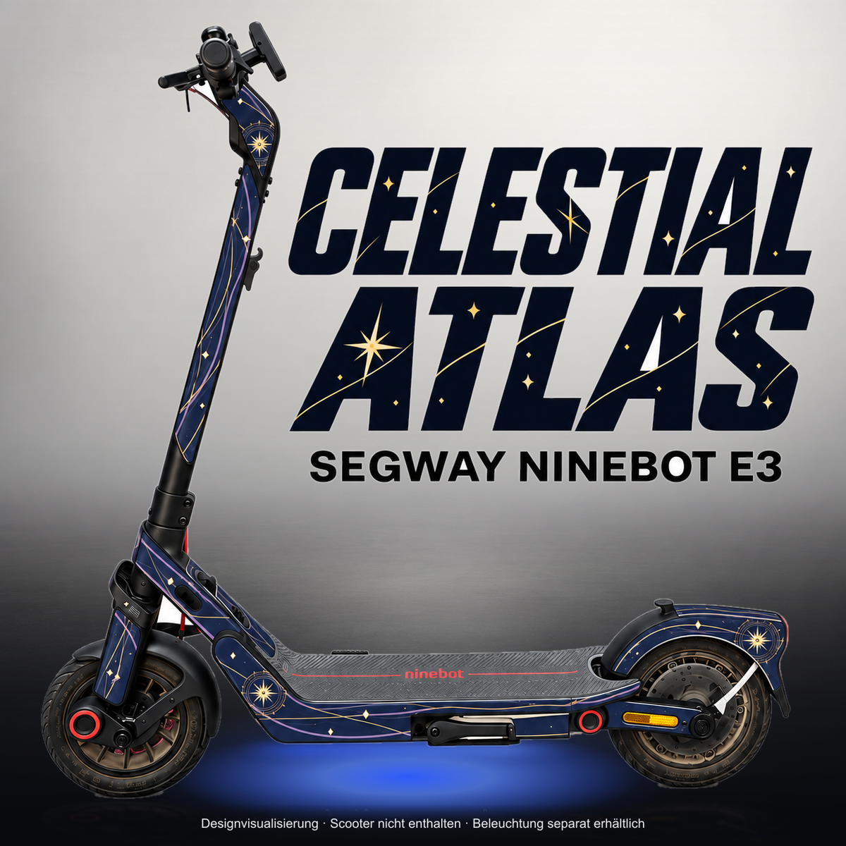 SEGWAY NINEBOT E3 / E3 PRO SKIN | CELESTIAL ATLAS – Studiofoto mit Licht in der Skinfarbe; Scooter und Beleuchtung separat erhältlich