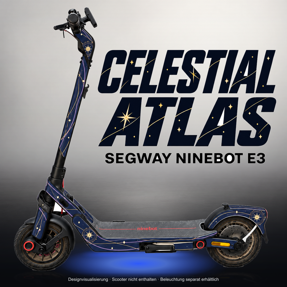 SEGWAY NINEBOT E3 / E3 PRO SKIN | CELESTIAL ATLAS – Studiofoto mit Licht in der Skinfarbe; Scooter und Beleuchtung separat erhältlich