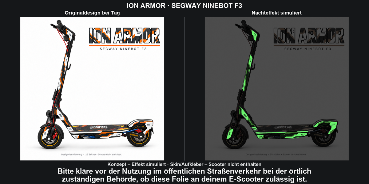 ION ARMOR · SEGWAY NINEBOT F3: Originaldesign bei Tag und grün simulierter Glow-Nachteffekt auf den Skinflächen. Skin/Aufkleber; Scooter nicht enthalten. Konzept, kein physischer Materialtest.