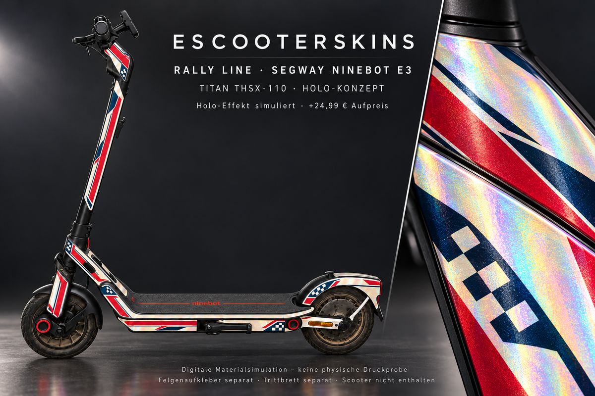 SEGWAY NINEBOT E3 / E3 PRO SKIN | RALLY LINE – Holo-Effekt simuliert; +24,99 EUR Aufpreis. Digitale Materialsimulation, keine physische Druckprobe. Nur Body-Skin; Trittbrett und Felgenaufkleber separat; Scooter nicht enthalten.