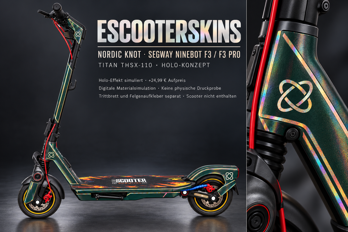 SEGWAY NINEBOT F3 / F3 PRO SKIN | NORDIC KNOT – Holo-Effekt simuliert; +24,99 EUR Aufpreis. Digitale Materialsimulation, keine physische Druckprobe. Nur Body-Skin; Trittbrett und Felgenaufkleber separat; Scooter nicht enthalten.