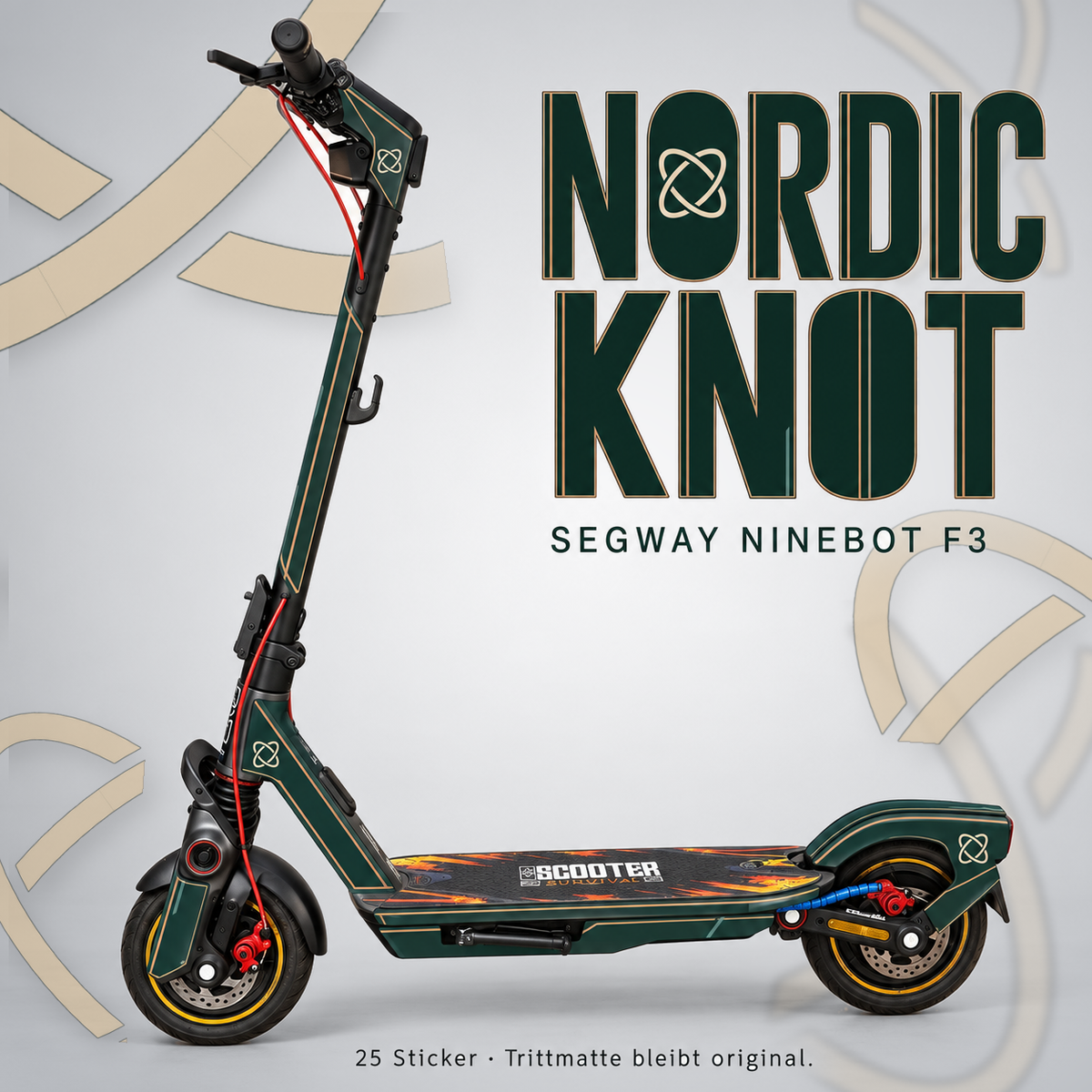 NORDIC KNOT für Segway Ninebot F3: Waldgrün mit elfenbeinfarbenen Knotenemblemen und kupferfarbenen Linien; große Designschrift, originale Trittmatte.