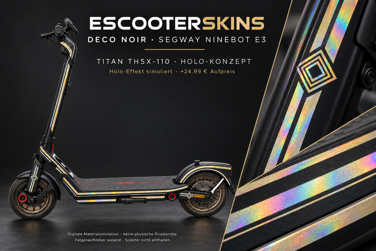 SEGWAY NINEBOT E3 / E3 PRO SKIN | DECO NOIR – Holo-Effekt simuliert; +24,99 EUR Aufpreis. Digitale Materialsimulation, keine physische Druckprobe. Nur Body-Skin; Trittbrett und Felgenaufkleber separat; Scooter nicht enthalten.