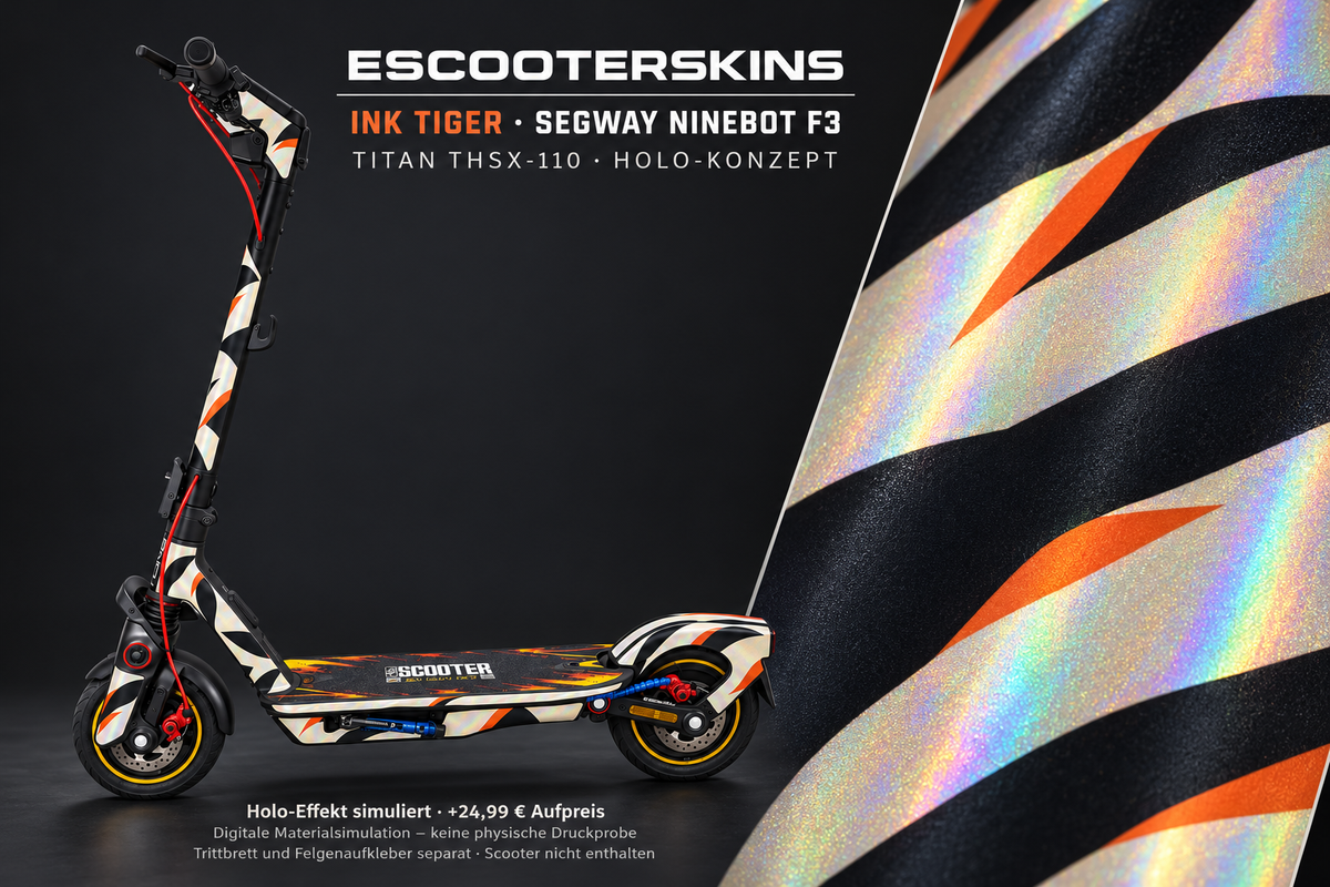 SEGWAY NINEBOT F3 / F3 PRO SKIN | INK TIGER – Holo-Effekt simuliert; +24,99 EUR Aufpreis. Digitale Materialsimulation, keine physische Druckprobe. Nur Body-Skin; Trittbrett und Felgenaufkleber separat; Scooter nicht enthalten.