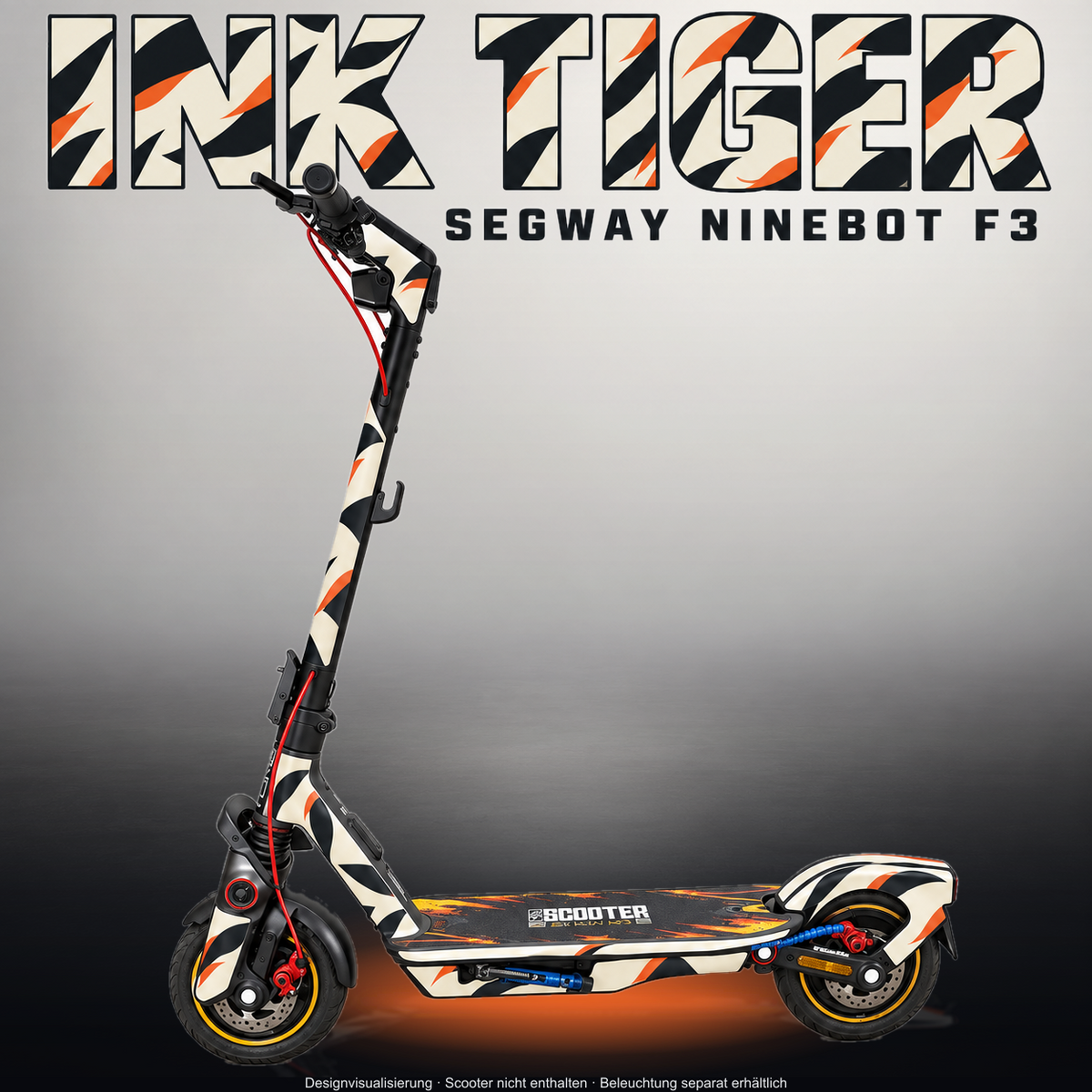 SEGWAY NINEBOT F3 / F3 PRO SKIN | INK TIGER – Studiofoto mit Licht in der Skinfarbe; Scooter und Beleuchtung separat erhältlich