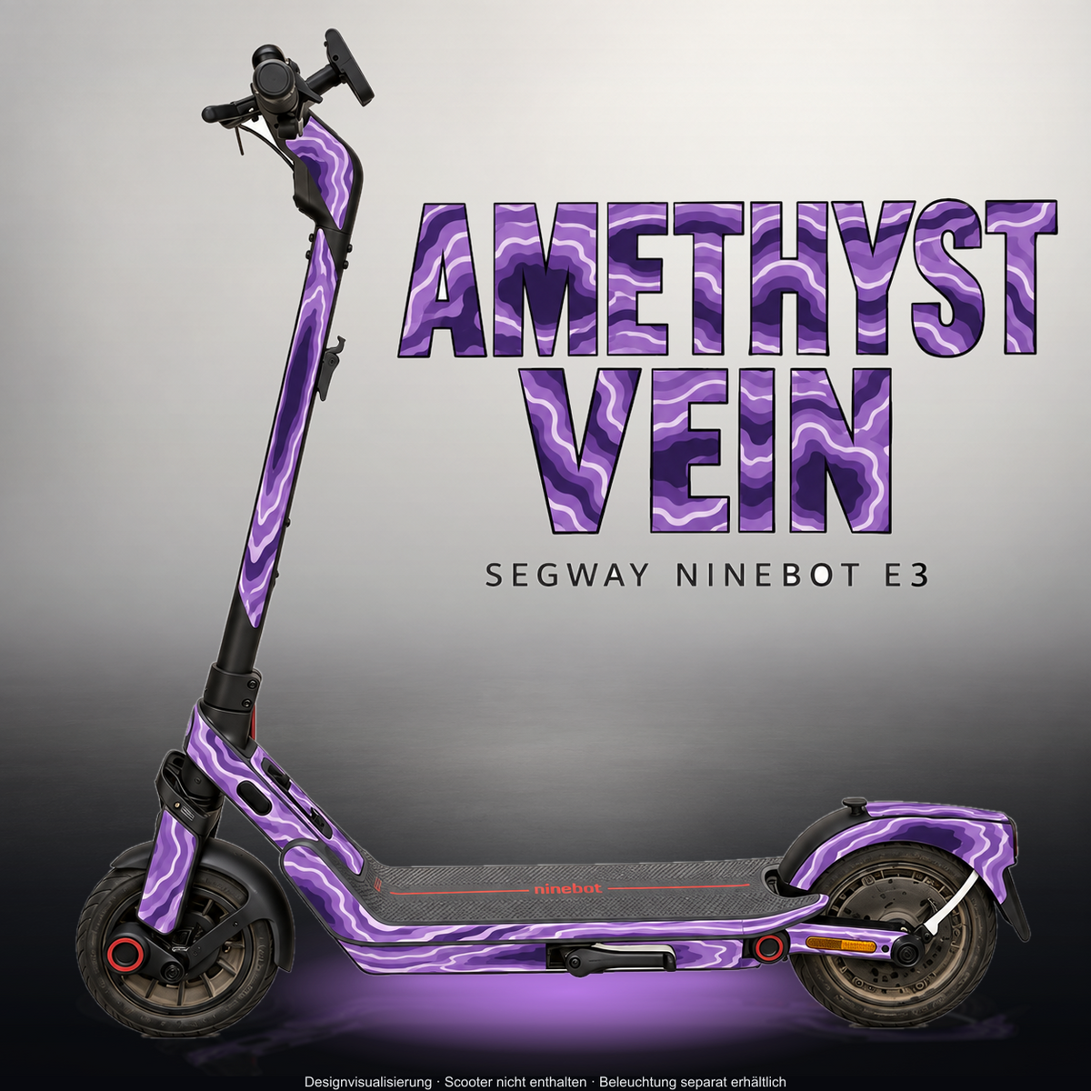 SEGWAY NINEBOT E3 / E3 PRO SKIN | AMETHYST VEIN – Studiofoto mit Licht in der Skinfarbe; Scooter und Beleuchtung separat erhältlich